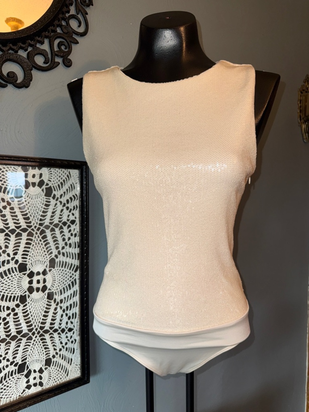 Express Cream Sleeveless sequence Knit Bodysuit